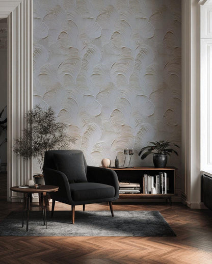 Artisan Faux Stucco Wallpaper, Off-White Fan Texture Peel & Stick Mural, Minimalist Vertical Panel
