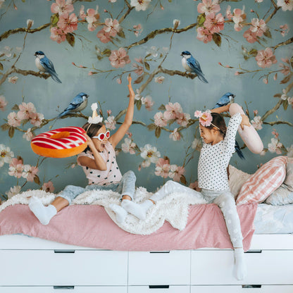 Cherry Blossom Wallpaper Mural: Peel and Stick Bird Wall Decor