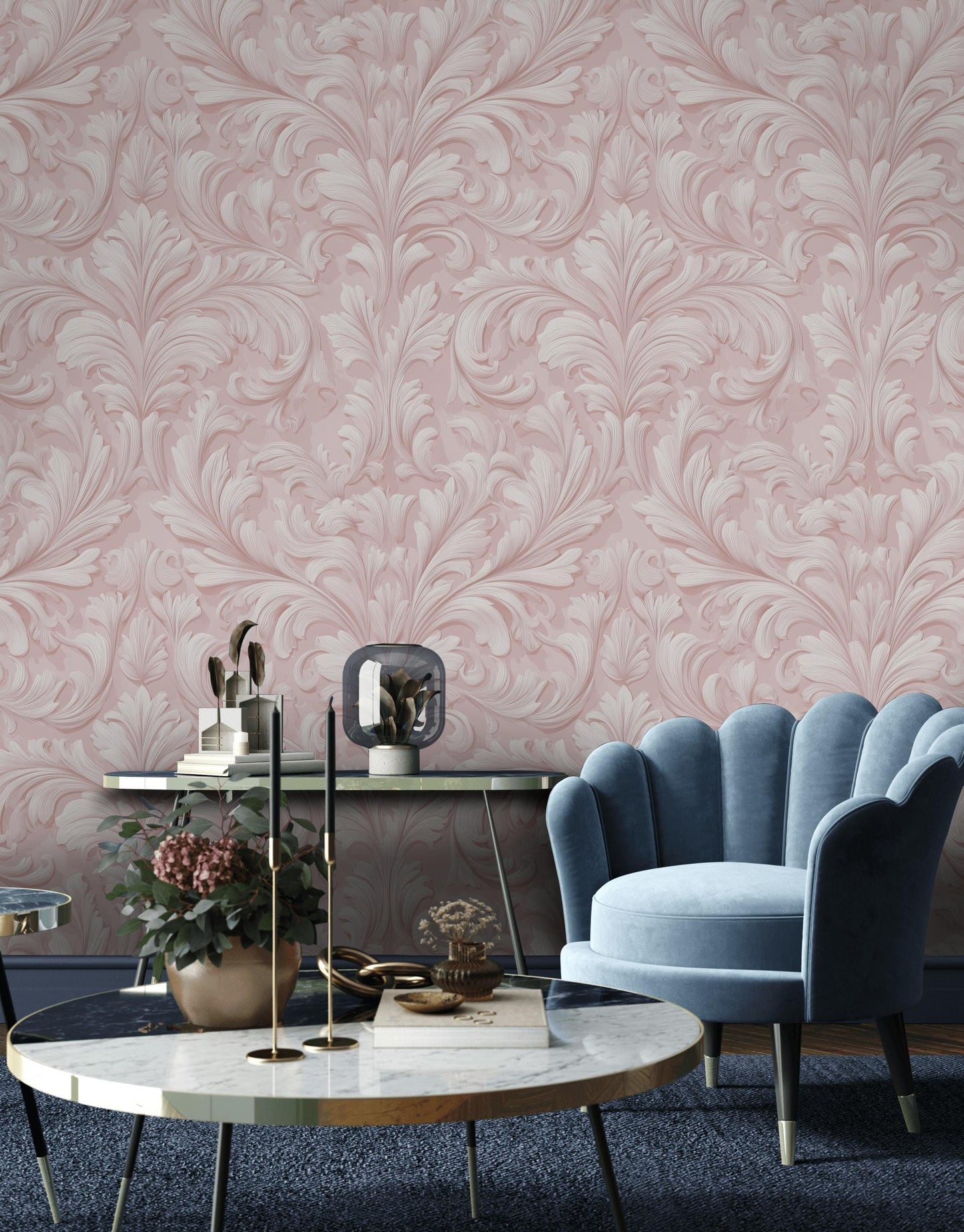 Embossed Damask Wallpaper, Pink Wall Mural, Classic Floral Scroll, Peel and Stick Decor