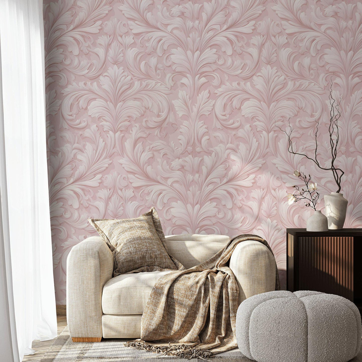 Embossed Damask Wallpaper, Pink Wall Mural, Classic Floral Scroll, Peel and Stick Decor