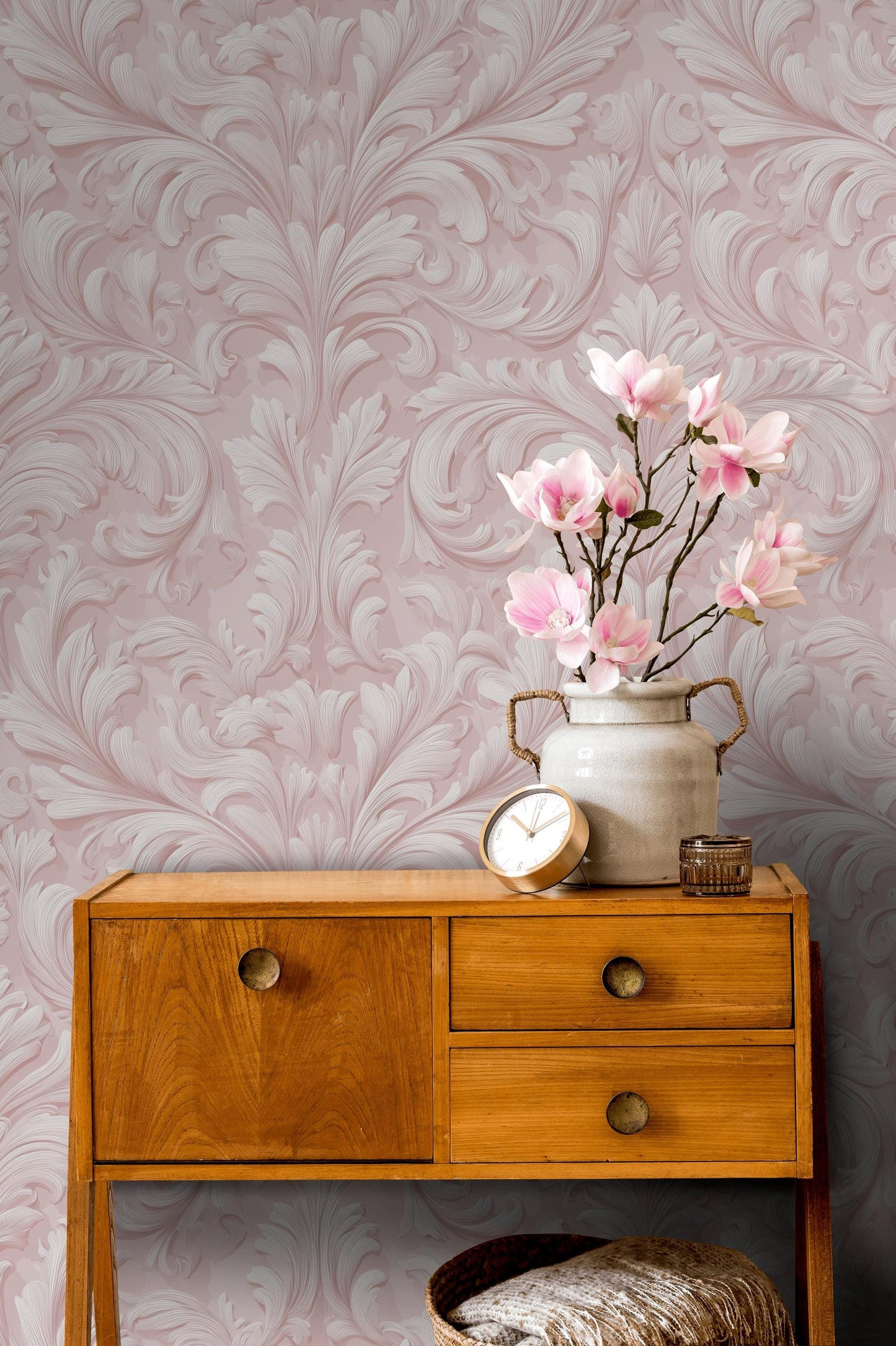 Embossed Damask Wallpaper, Pink Wall Mural, Classic Floral Scroll, Peel and Stick Decor