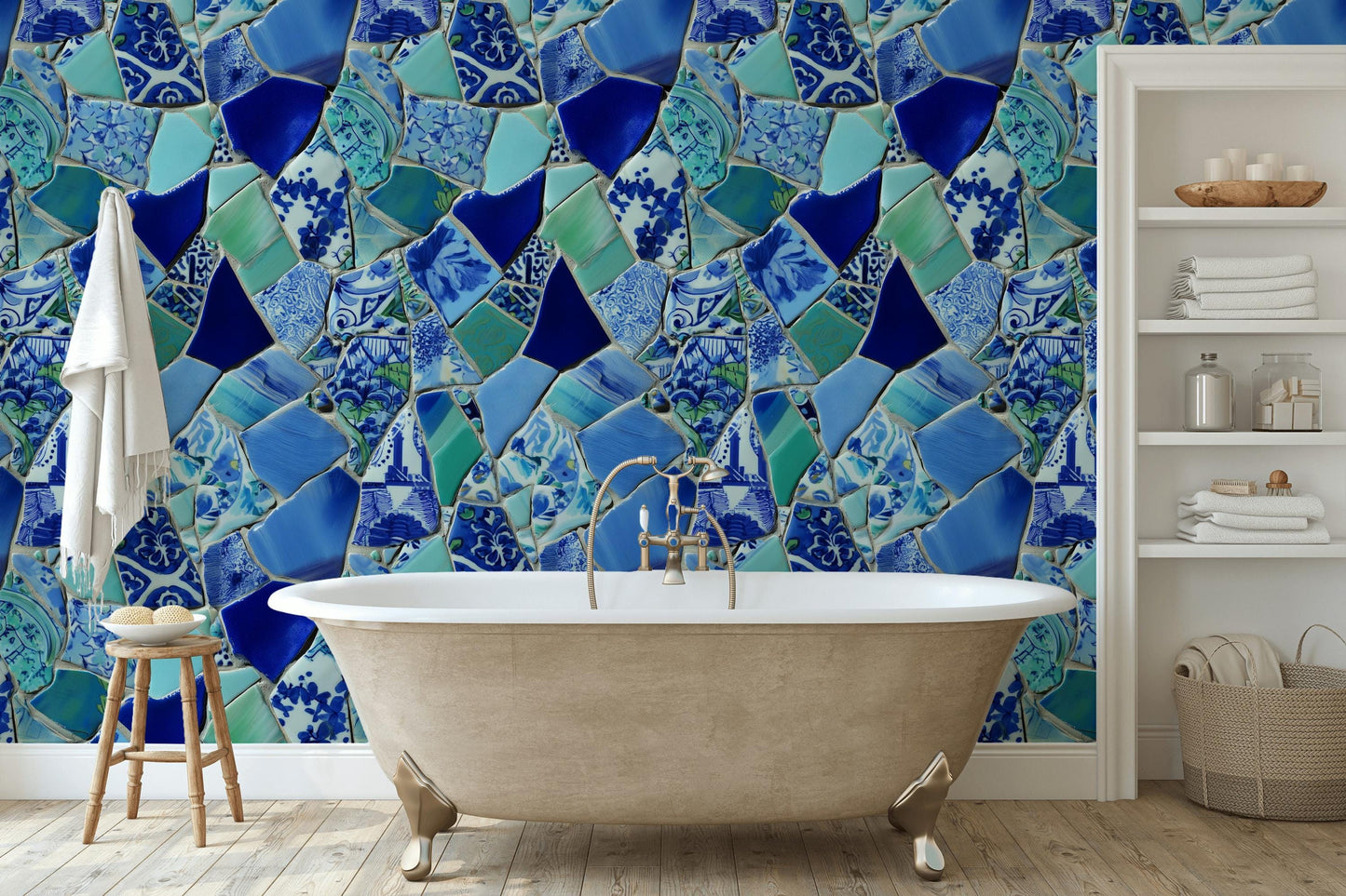 Blue Broken Ceramic Mosaic Wallpaper, Chinoiserie Porcelain Peel & Stick or Unpasted Vertical Wall Mural