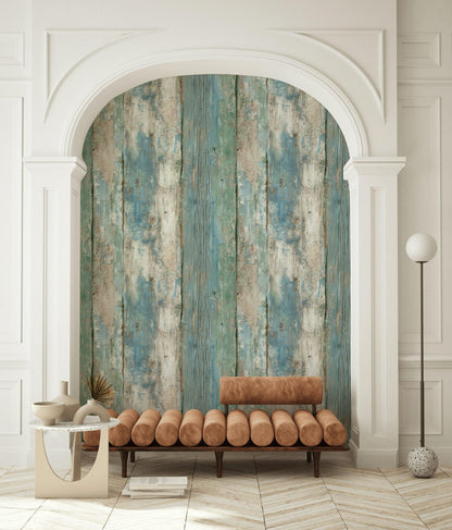 Coastal Blue Wood Plank Wallpaper: Shabby Chic Peel and Stick Mural