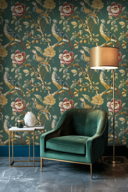 Chinoiserie Bird Wallpaper: Dark Green Floral Peel and Stick Mural
