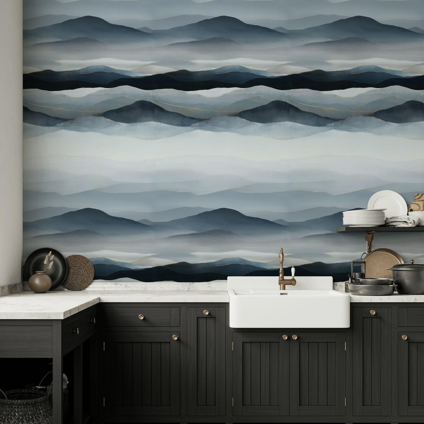 Blue Gray Mountain Wallpaper Mural: Gold Line Peel and Stick