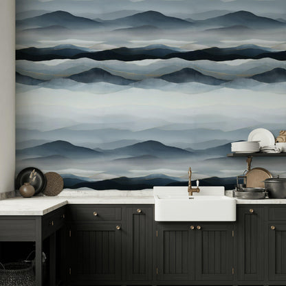 Blue Gray Mountain Wallpaper Mural: Gold Line Peel and Stick