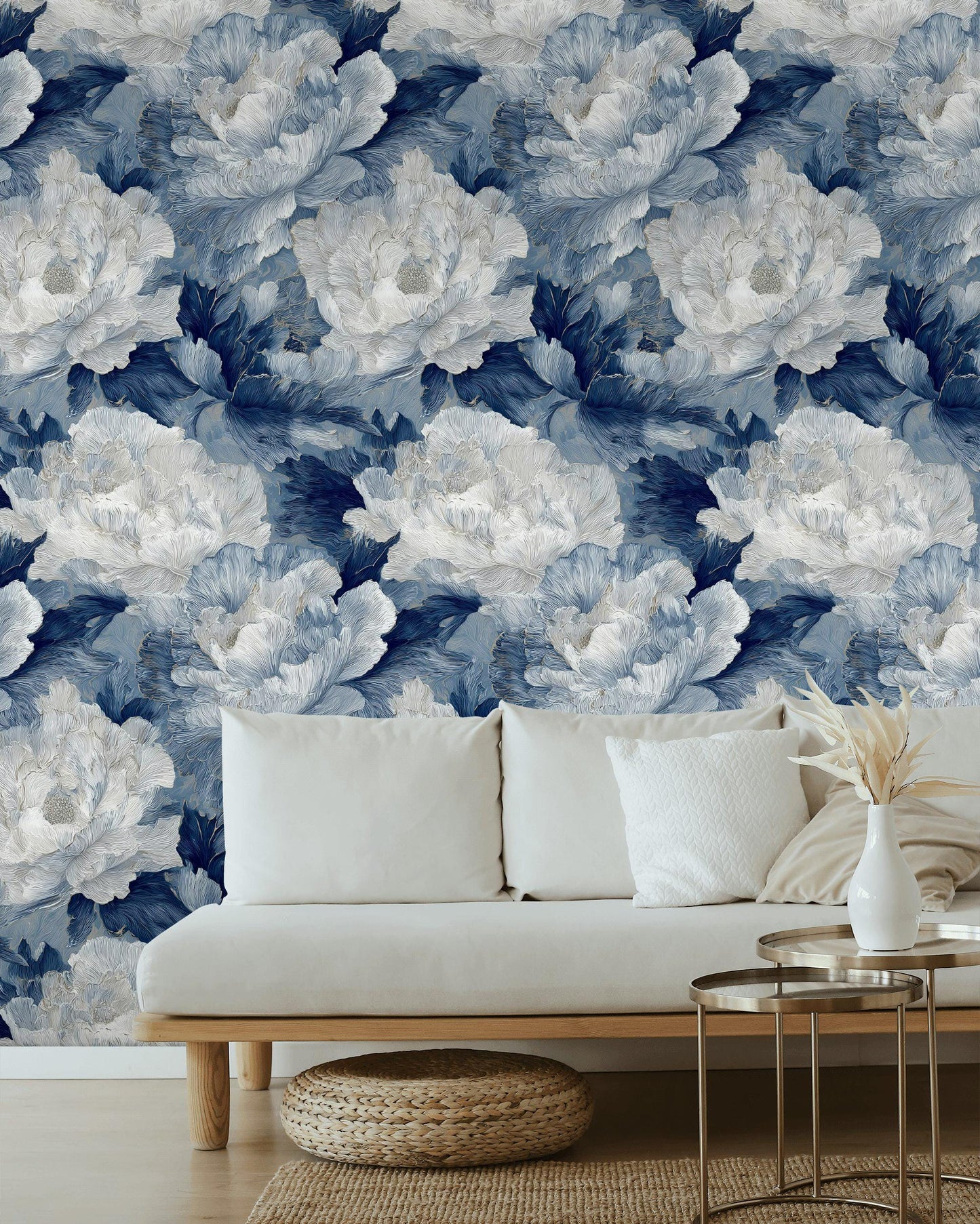Textured Blue Floral Wallpaper, Modern Botanical Wall Mural, Peony Peel and Stick Decor