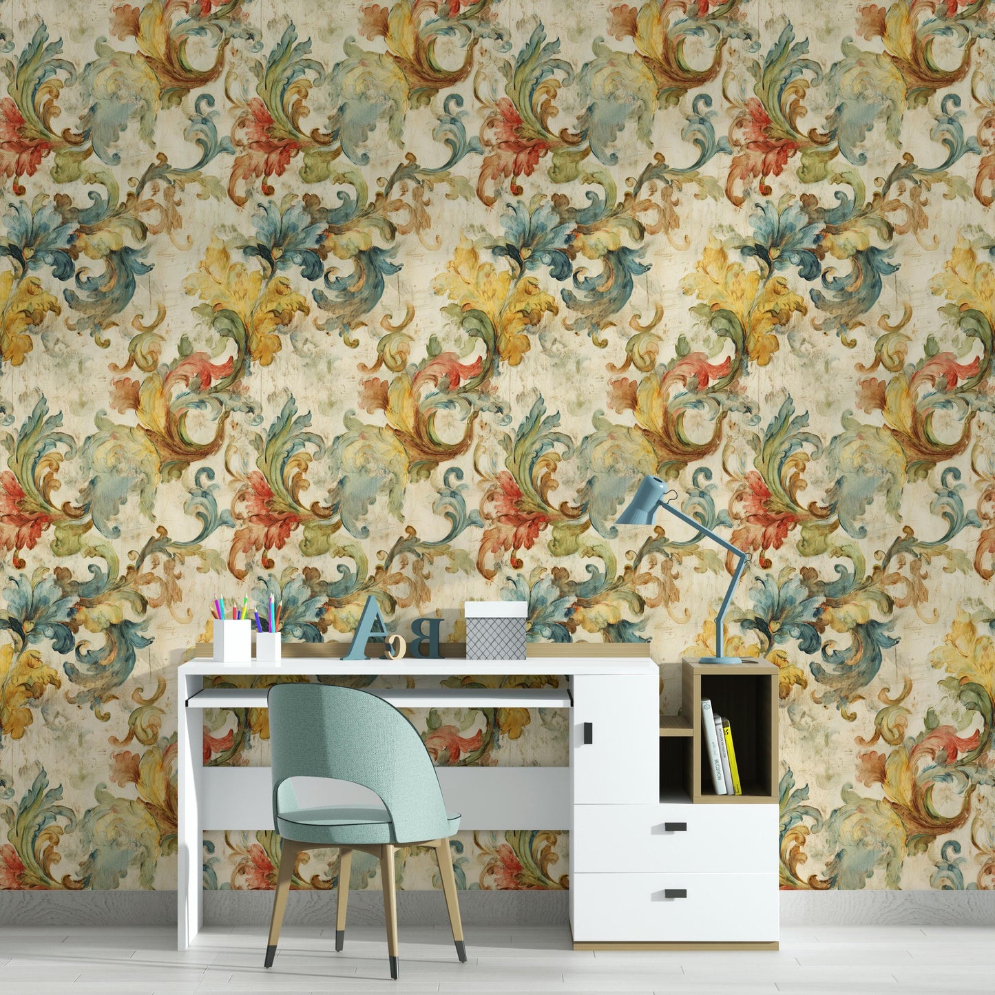 Baroque Scroll Wallpaper, Distressed Pastel Floral Mural, Peel & Stick or Unpasted Vintage Panel