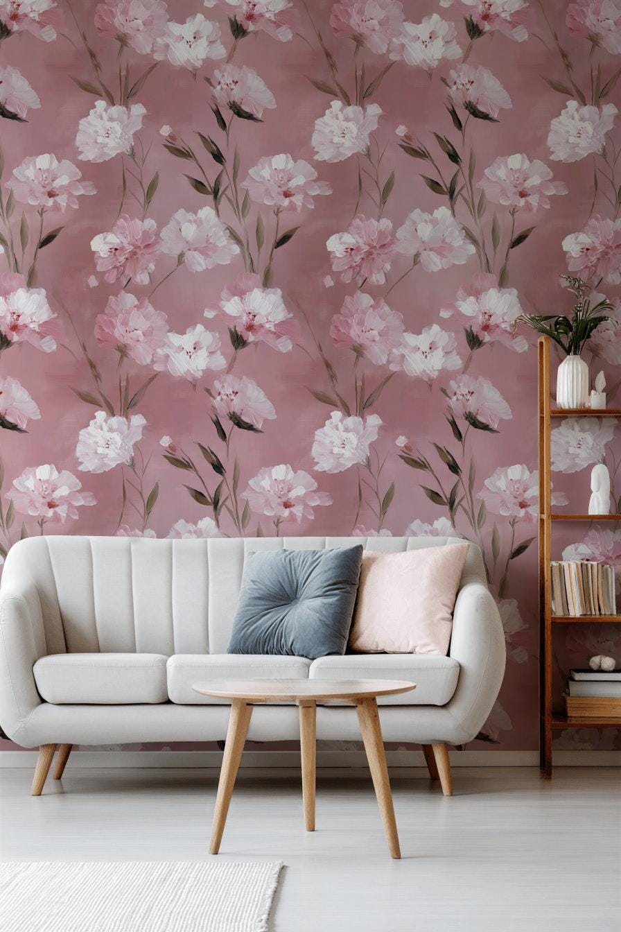 Romantic Pink Floral Wallpaper | Soft Textured Flower Wall Mural | Blush Peel and Stick Decor