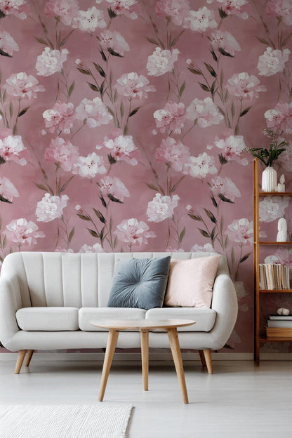 Romantic Pink Floral Wallpaper | Soft Textured Flower Wall Mural | Blush Peel and Stick Decor
