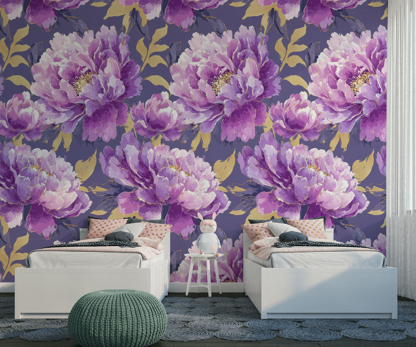 Purple & Gold Peony Wallpaper: Glam Botanical Peel and Stick Mural