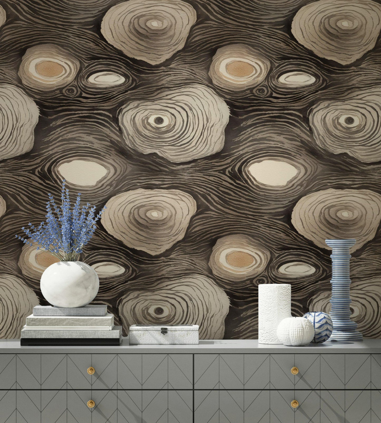 Abstract Tree Rings Wallpaper: Earthy Modern Peel and Stick Wall Mural