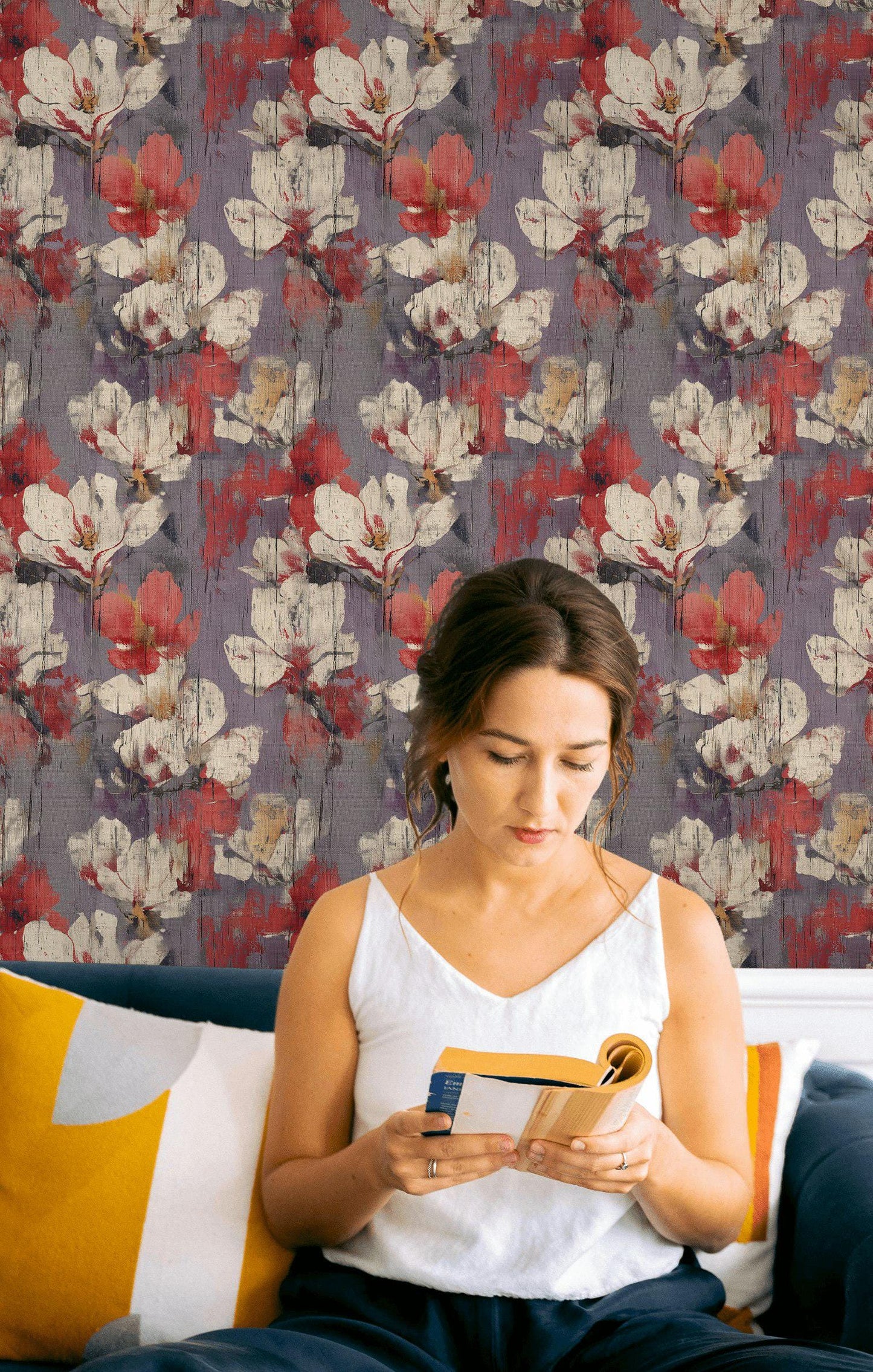 Abstract Floral Peel and Stick Wallpaper: Distressed Wood Texture Wall Mural