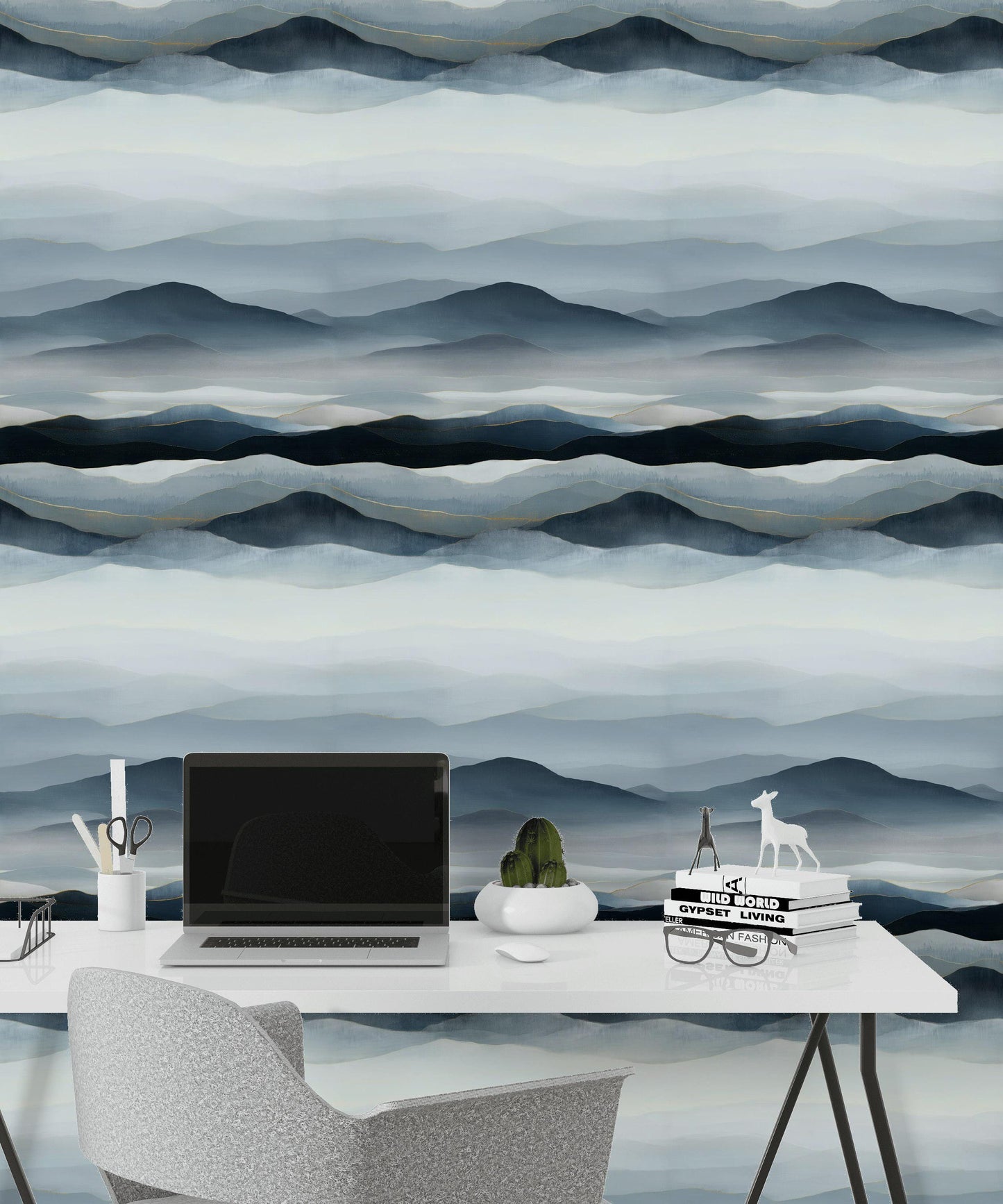 Blue Gray Mountain Wallpaper Mural: Gold Line Peel and Stick