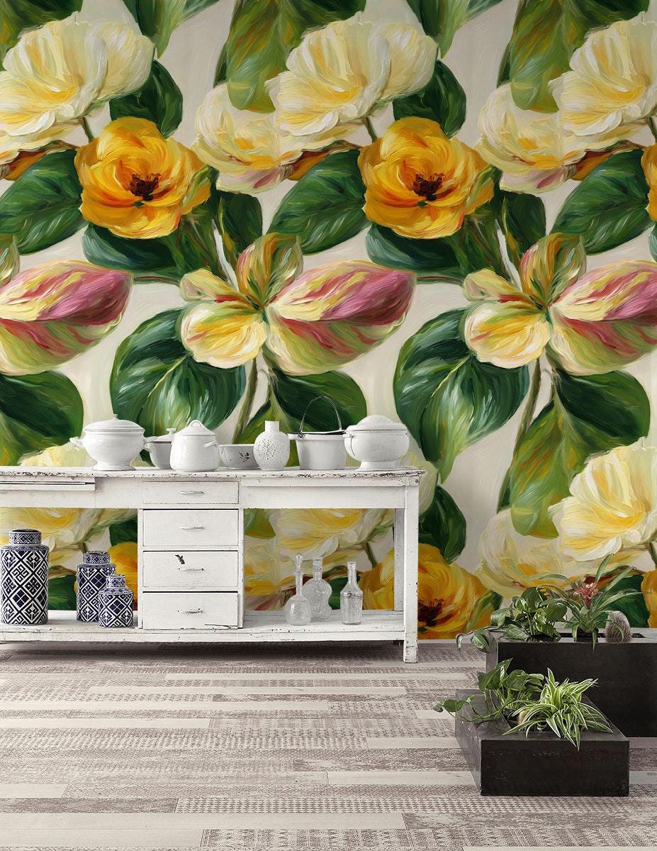 Floral Wallpaper Mural: Impasto Style Peel and Stick Decor