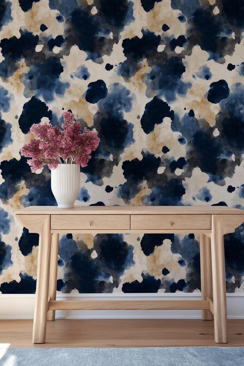 Abstract Cow Print Wallpaper Mural: Navy, Beige, Cream Peel and Stick