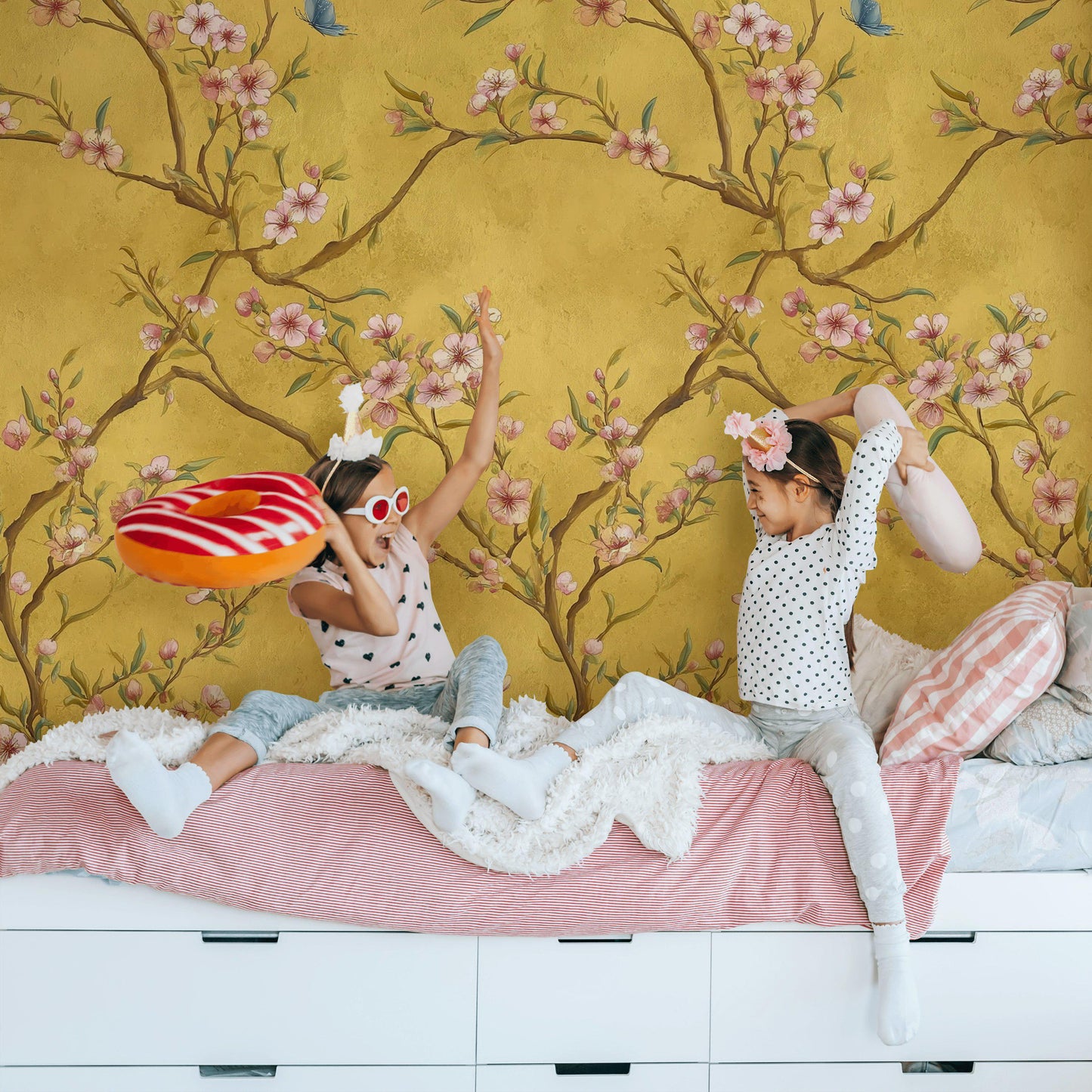 Chinoiserie Blossom Tree Wallpaper: Gold Butterfly Wall Mural, Peel & Stick