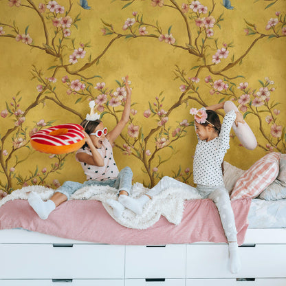 Chinoiserie Blossom Tree Wallpaper: Gold Butterfly Wall Mural, Peel & Stick