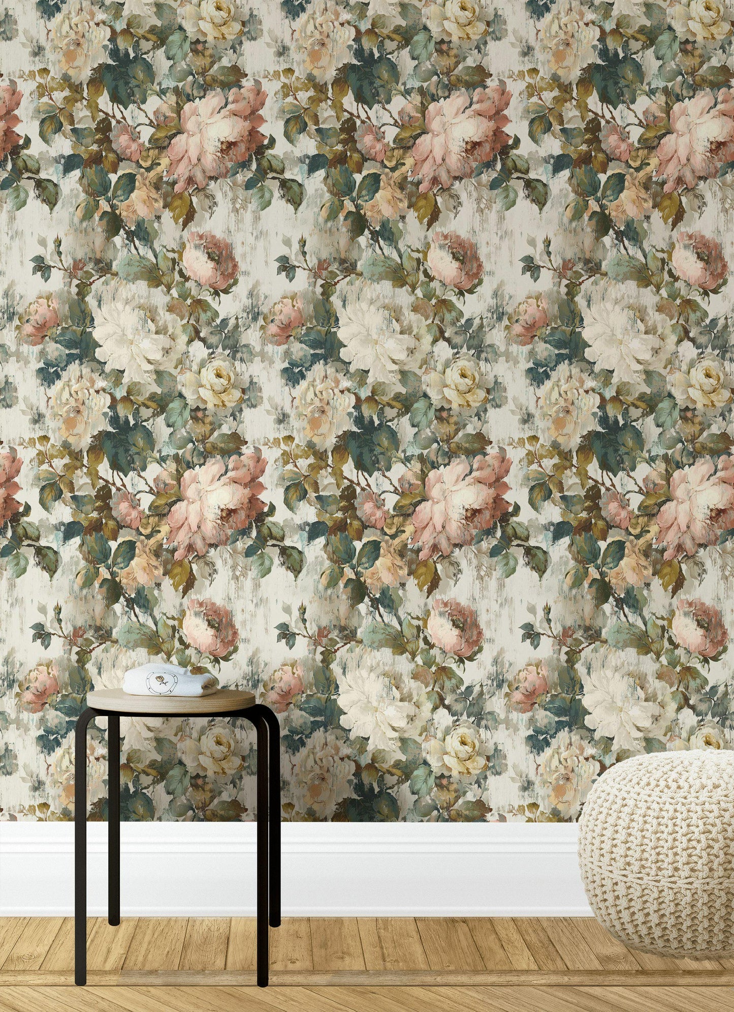 Vintage Floral Rose Wallpaper: Shabby Chic Peel and Stick Wall Mural