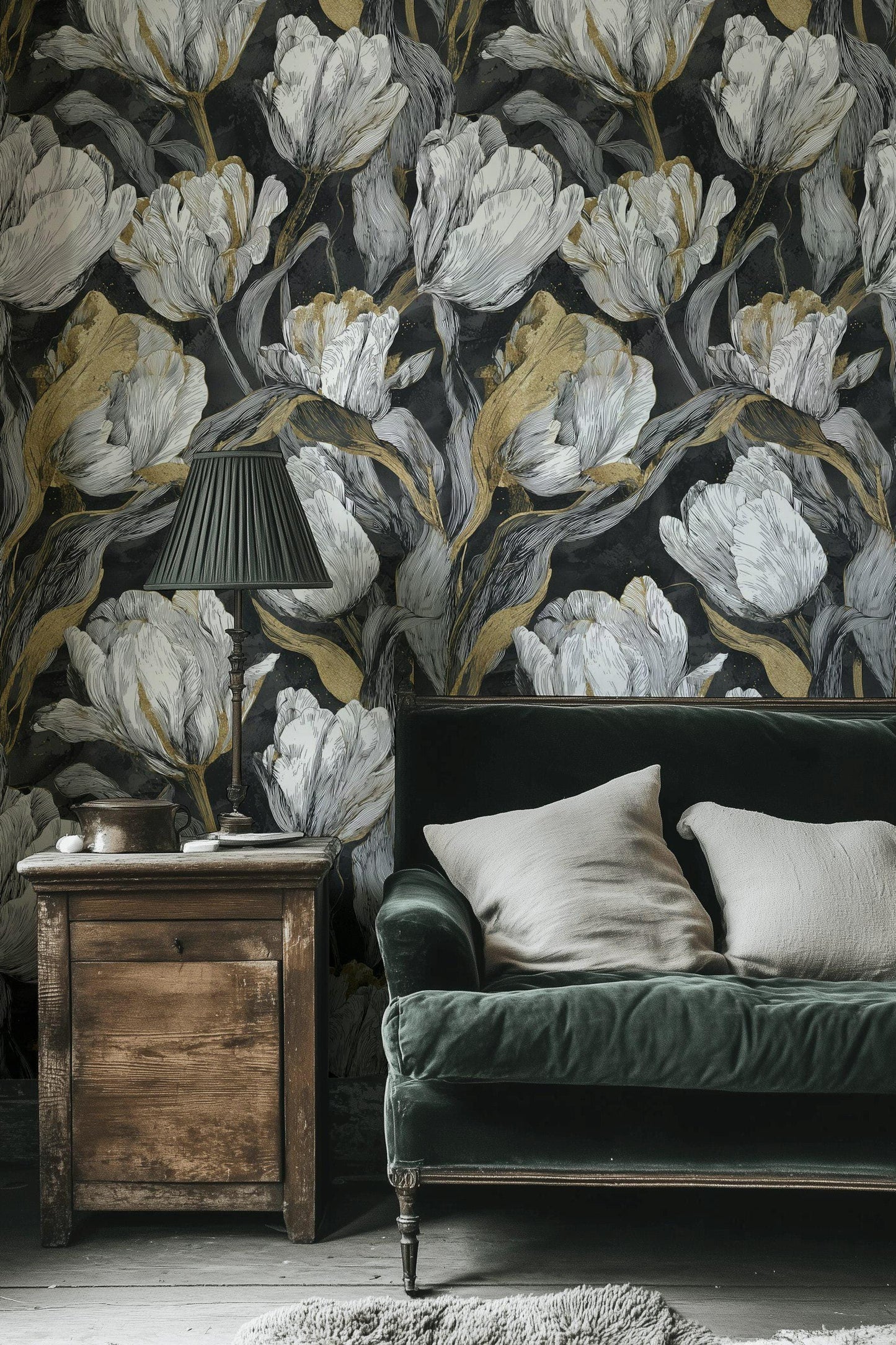 Luxury Gold Tulip Wallpaper | Dark Floral Wall Mural | Modern Botanical Peel and Stick Decor