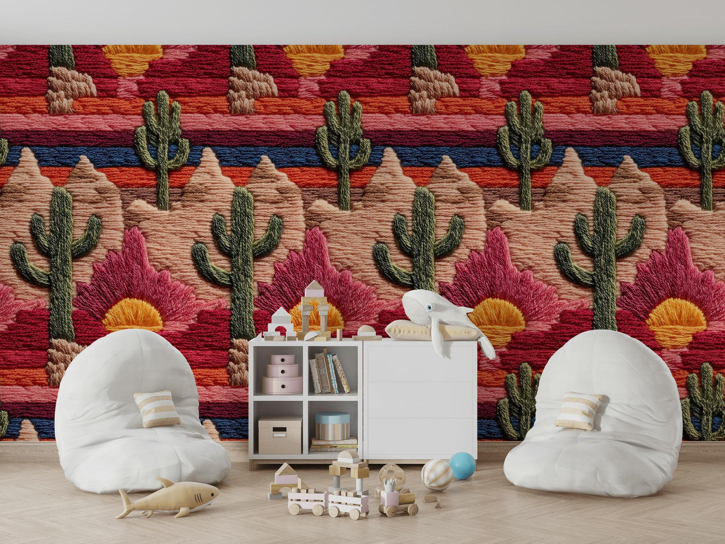 Embroidered Desert Landscape Wallpaper | Southwestern Wall Mural | Boho Peel and Stick Decor