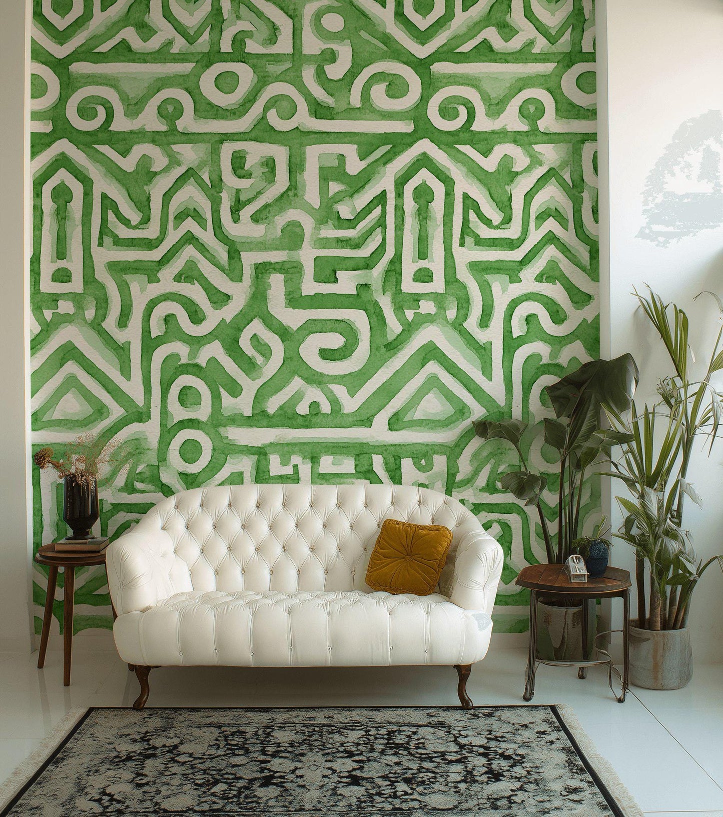 Watercolor Abstract Wallpaper, Green Labyrinth Geometric Wall Mural, Modern Peel and Stick Wall Decor