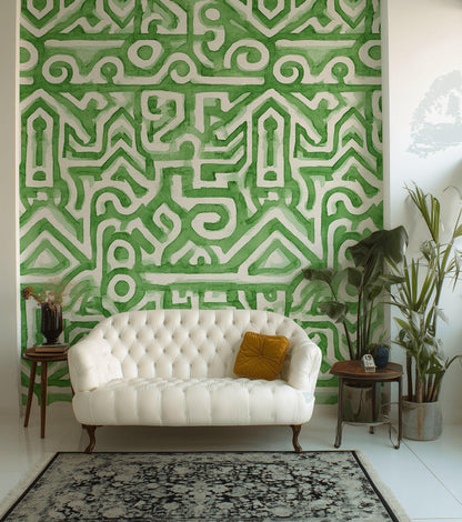 Watercolor Abstract Wallpaper, Green Labyrinth Geometric Wall Mural, Modern Peel and Stick Wall Decor