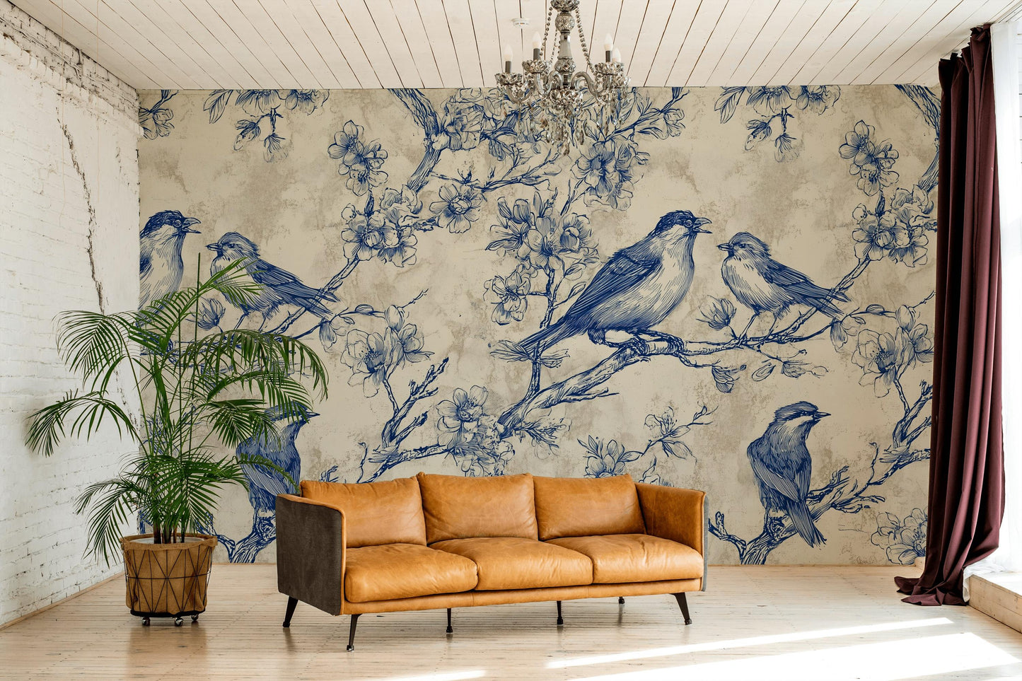 Chinoiserie Bird & Branch Wallpaper | Toile Style Wall Mural | Blue Botanical Peel and Stick Decor