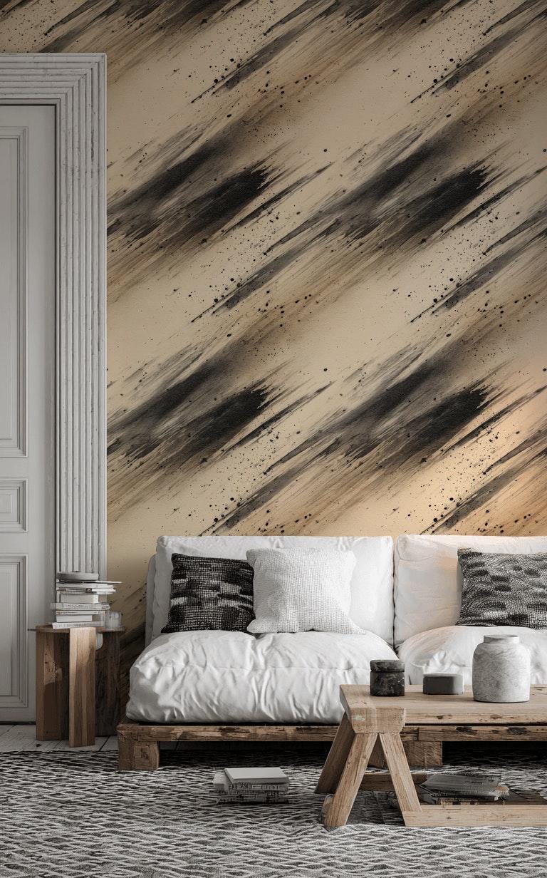 Abstract Ink Splatter Wallpaper: Black Beige Brushstrokes, Peel & Stick Mural