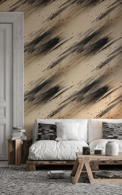 Abstract Ink Splatter Wallpaper: Black Beige Brushstrokes, Peel & Stick Mural