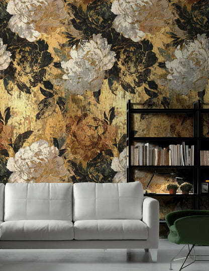 Golden Tones Floral Wallpaper Textured Impasto Wall Mural Luxury Botanical Peel and Stick Decor