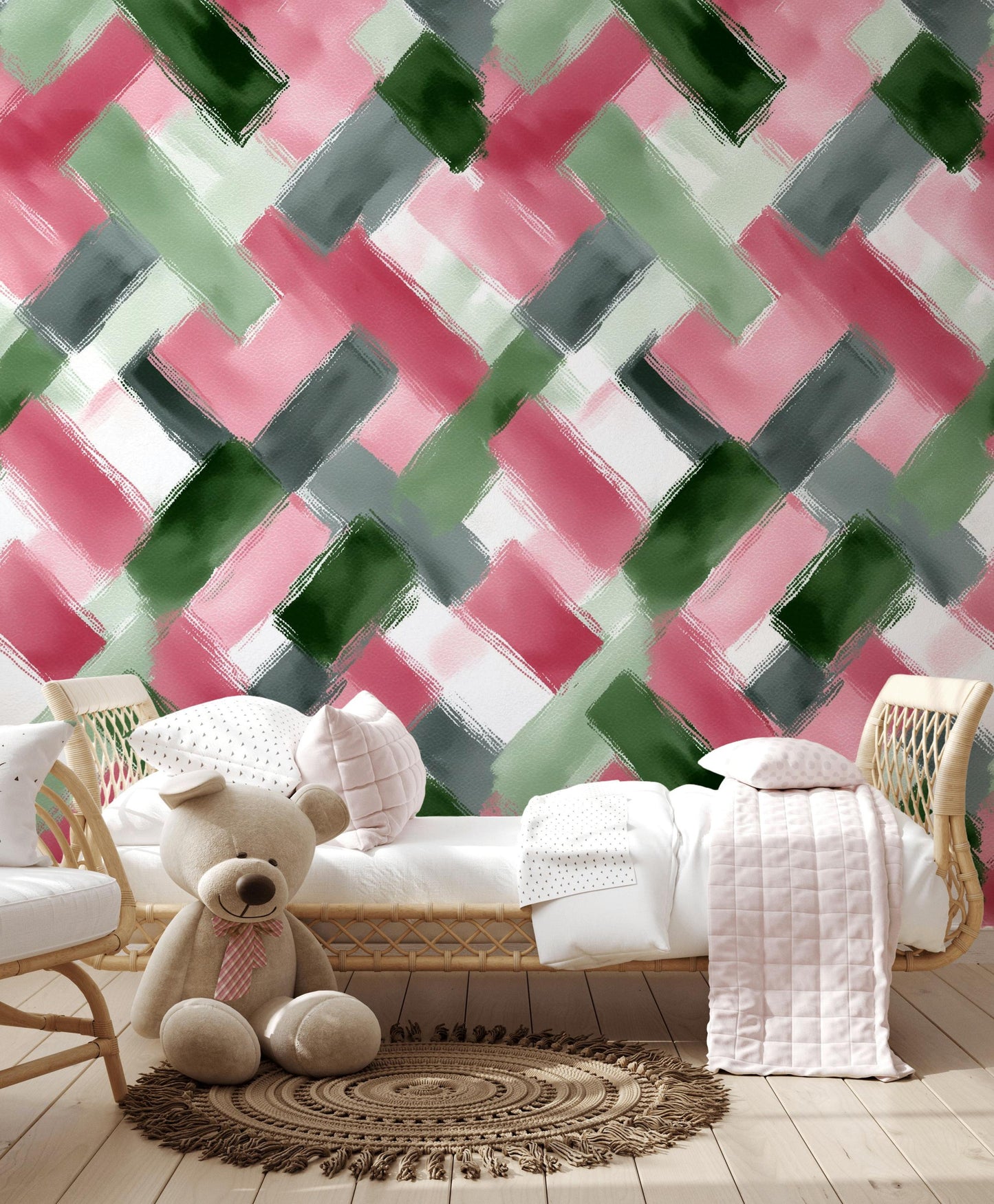 Abstract Brushstroke Wallpaper | Modern Pink Green Wall Mural | Geometric Pattern Peel and Stick Decor