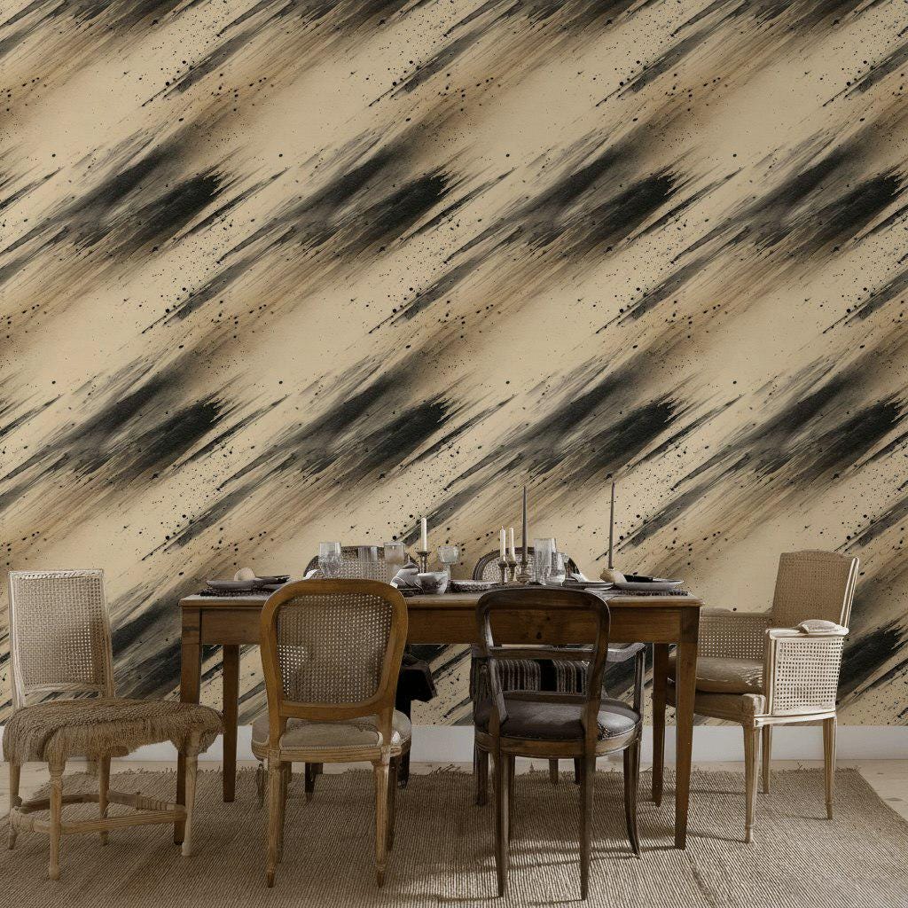 Abstract Ink Splatter Wallpaper: Black Beige Brushstrokes, Peel & Stick Mural