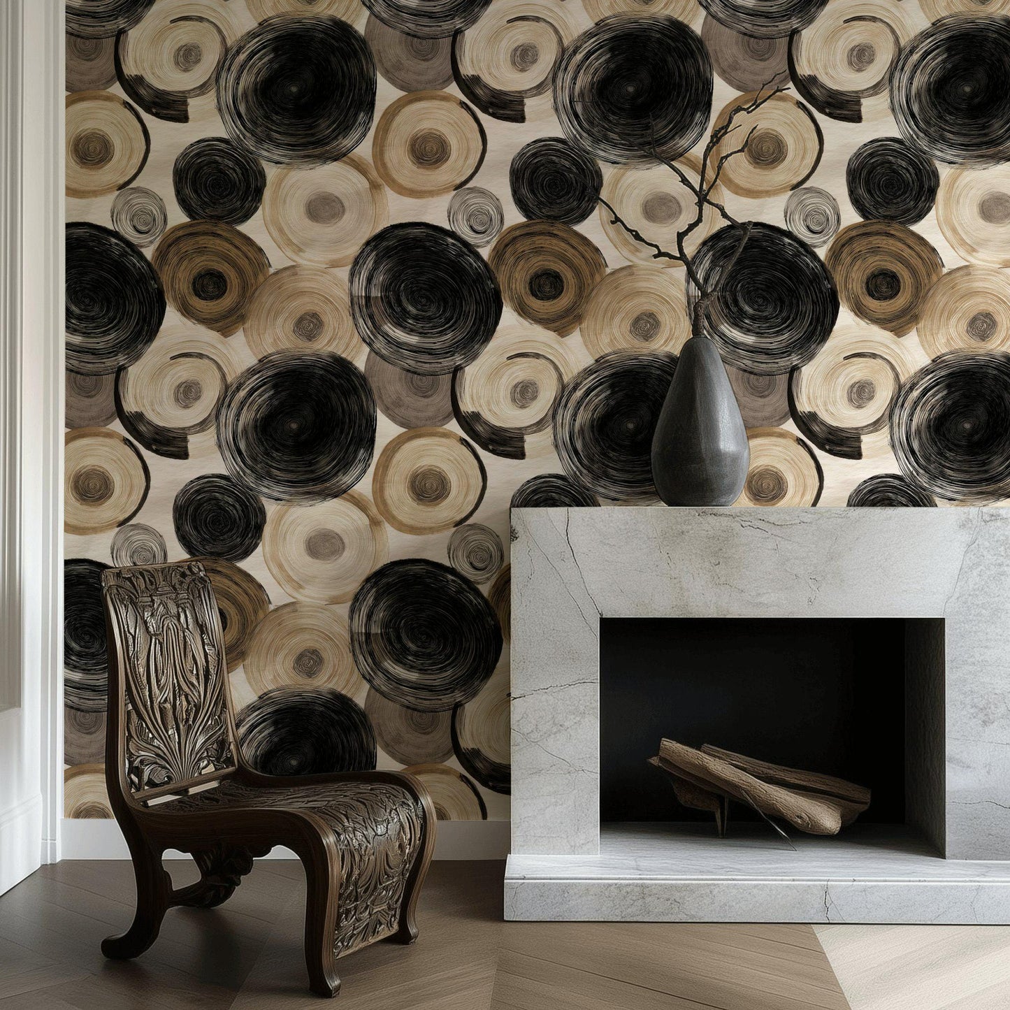 Abstract Swirl Wallpaper Mural: Black Espresso Circles, Hand-Painted Art (Peel & Stick or Unpasted)