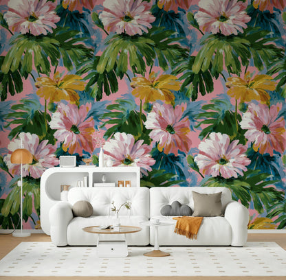 Tropical Floral Wallpaper: Impressionist Pink & Green Peel and Stick Mural