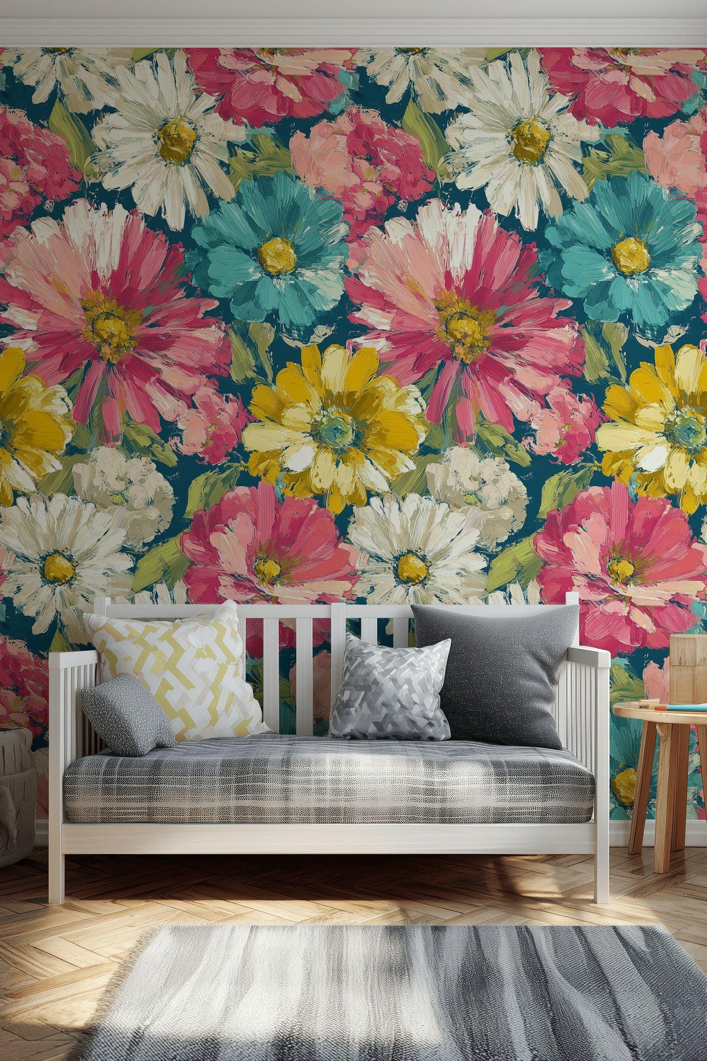 Teal & Pink Floral Wallpaper Mural: Impasto Texture, Peel and Stick