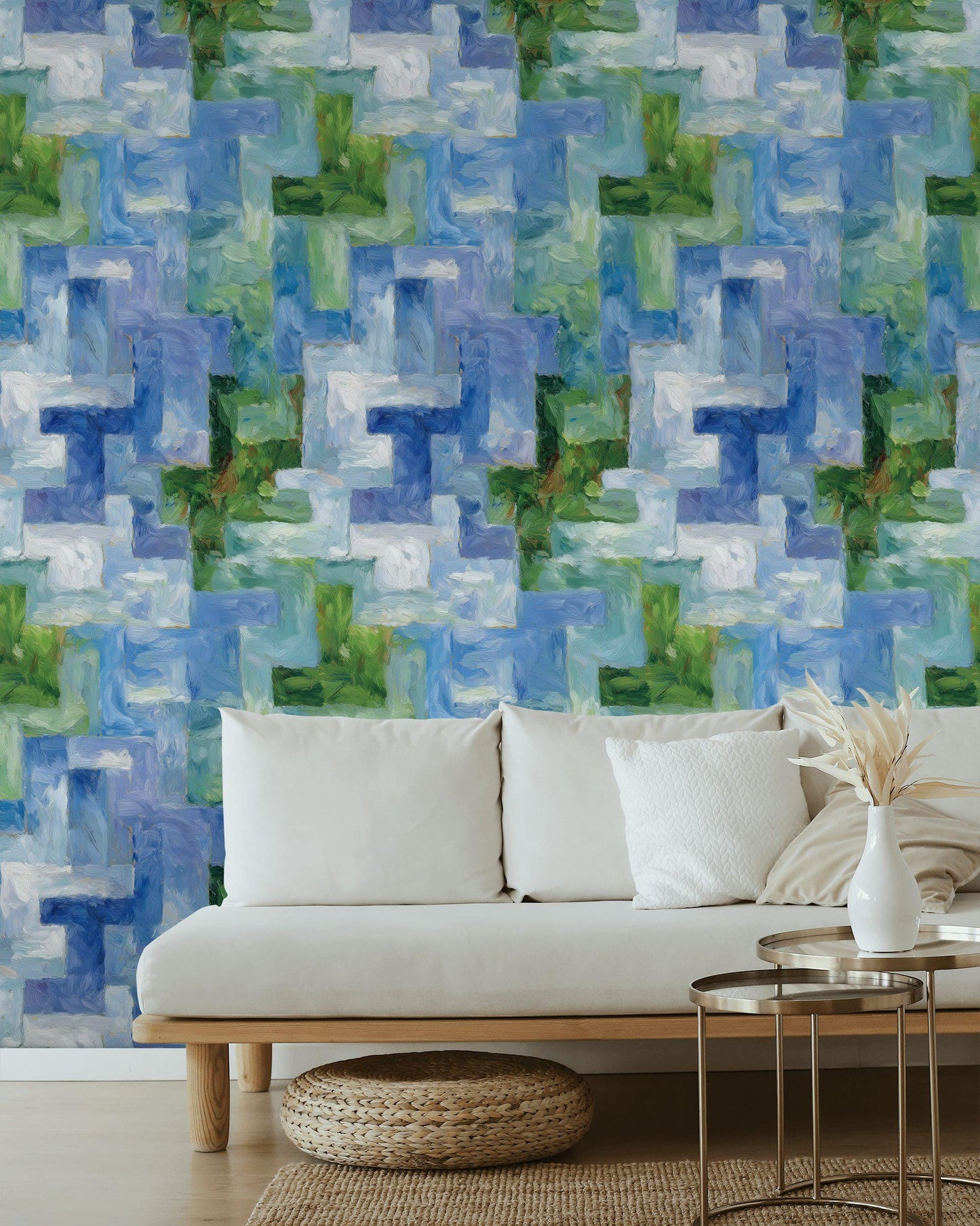 Monet Style Impressionist Mural, Textured Blue Green Block Wallpaper, Vertical Peel & Stick Art Panel