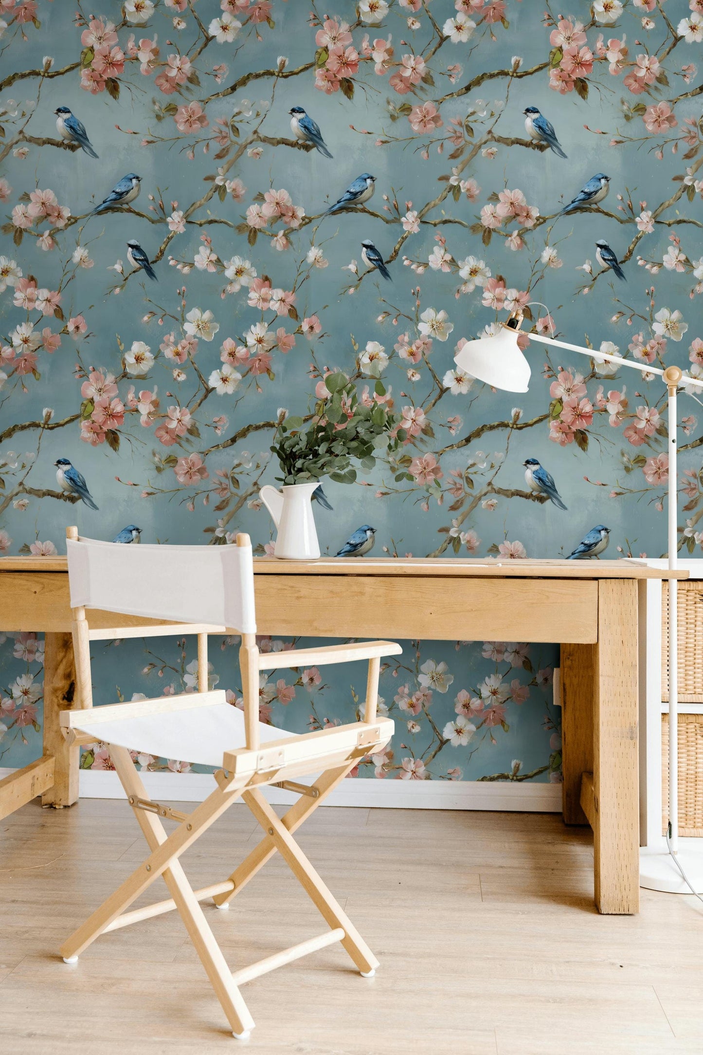 Cherry Blossom Wallpaper Mural: Peel and Stick Bird Wall Decor