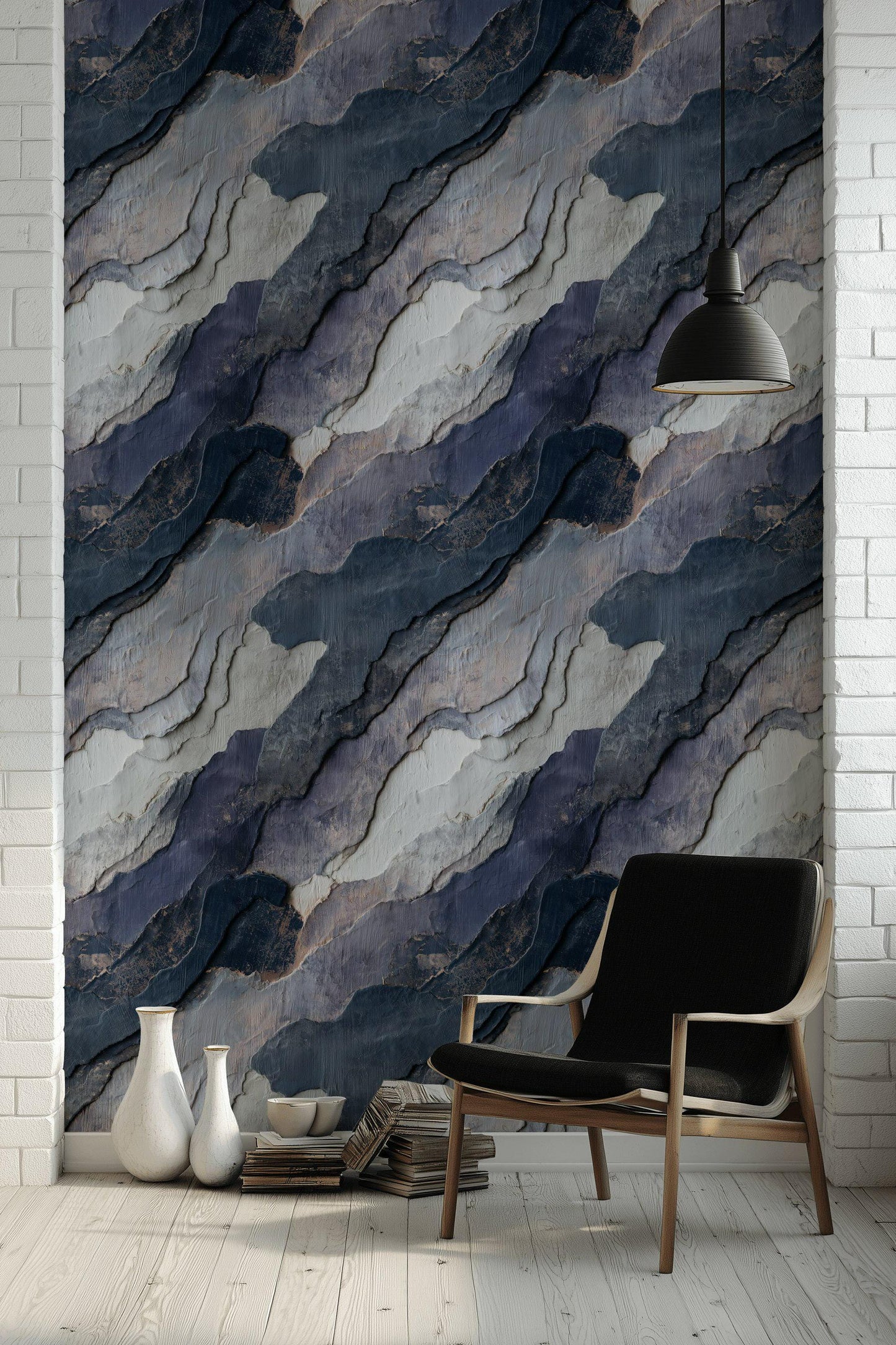 Navy Blue Stone Texture Wallpaper: Layered Abstract Peel and Stick Wall Mural