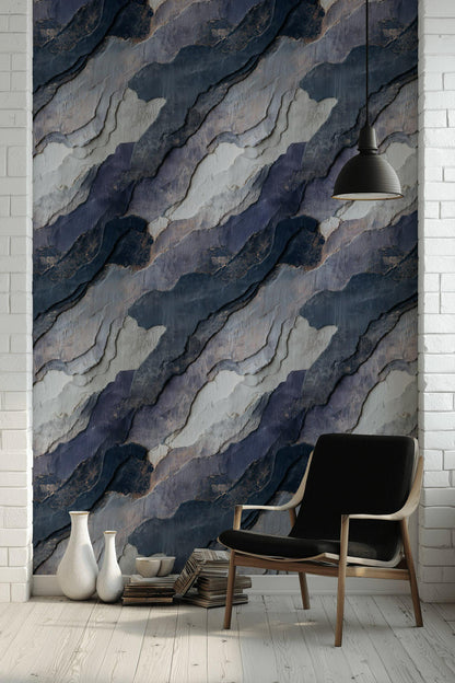 Navy Blue Stone Texture Wallpaper: Layered Abstract Peel and Stick Wall Mural