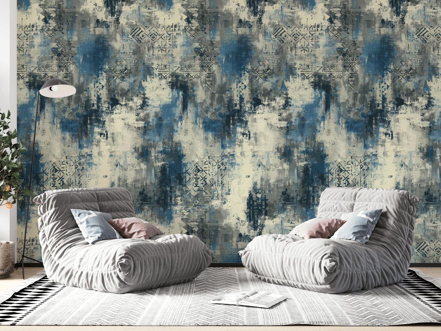 Abstract Blue Grey Wallpaper | Distressed Industrial Wall Mural | Modern Urban Peel and Stick Decor