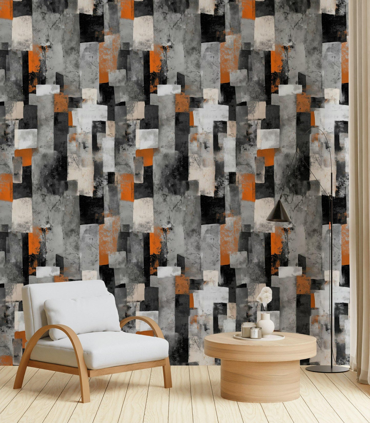 Geometric Block Wallpaper Mural: Orange, Grey, Black Peel and Stick Art