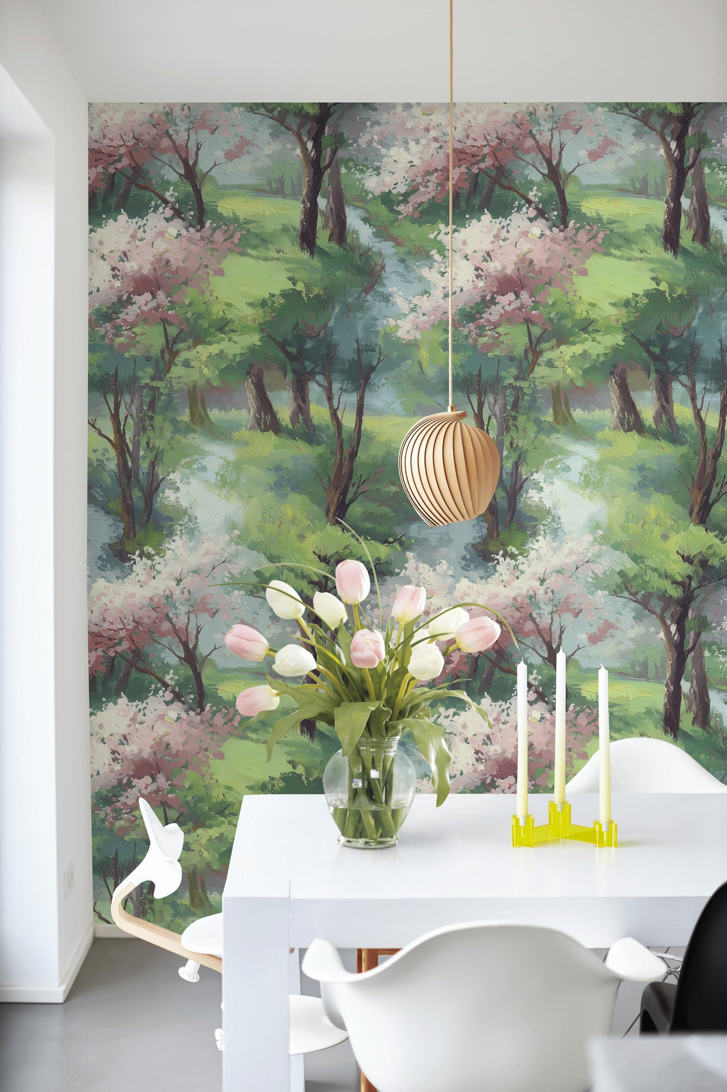 Watercolor Spring Forest Wallpaper: Peel and Stick Green Landscape Wall Mural