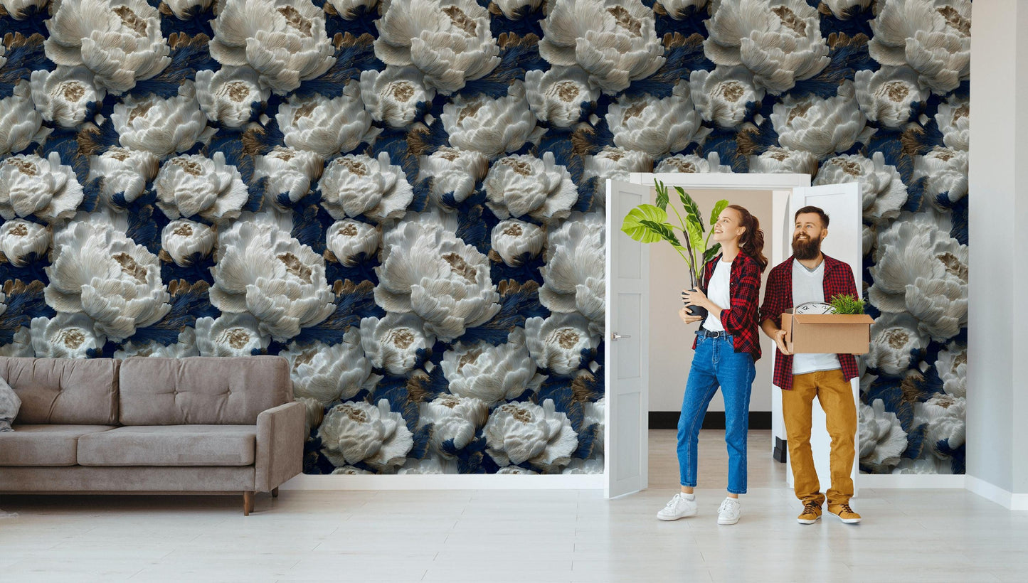 Textured Peony Flower Wallpaper: Navy Blue & Gold Glam Mural