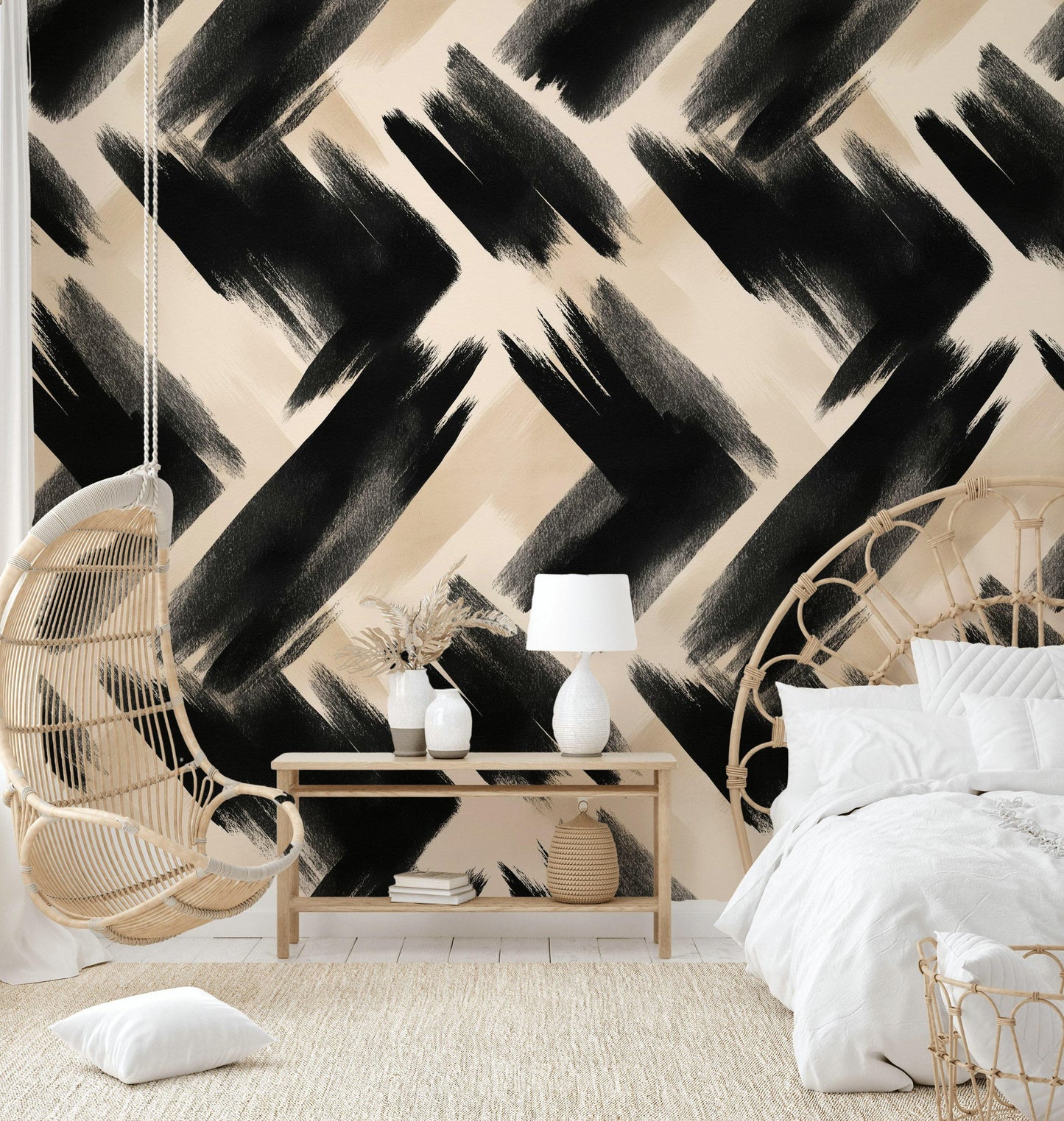Abstract Brush Stroke Wallpaper | Modern Black White Wall Mural | Artistic Peel and Stick Decor