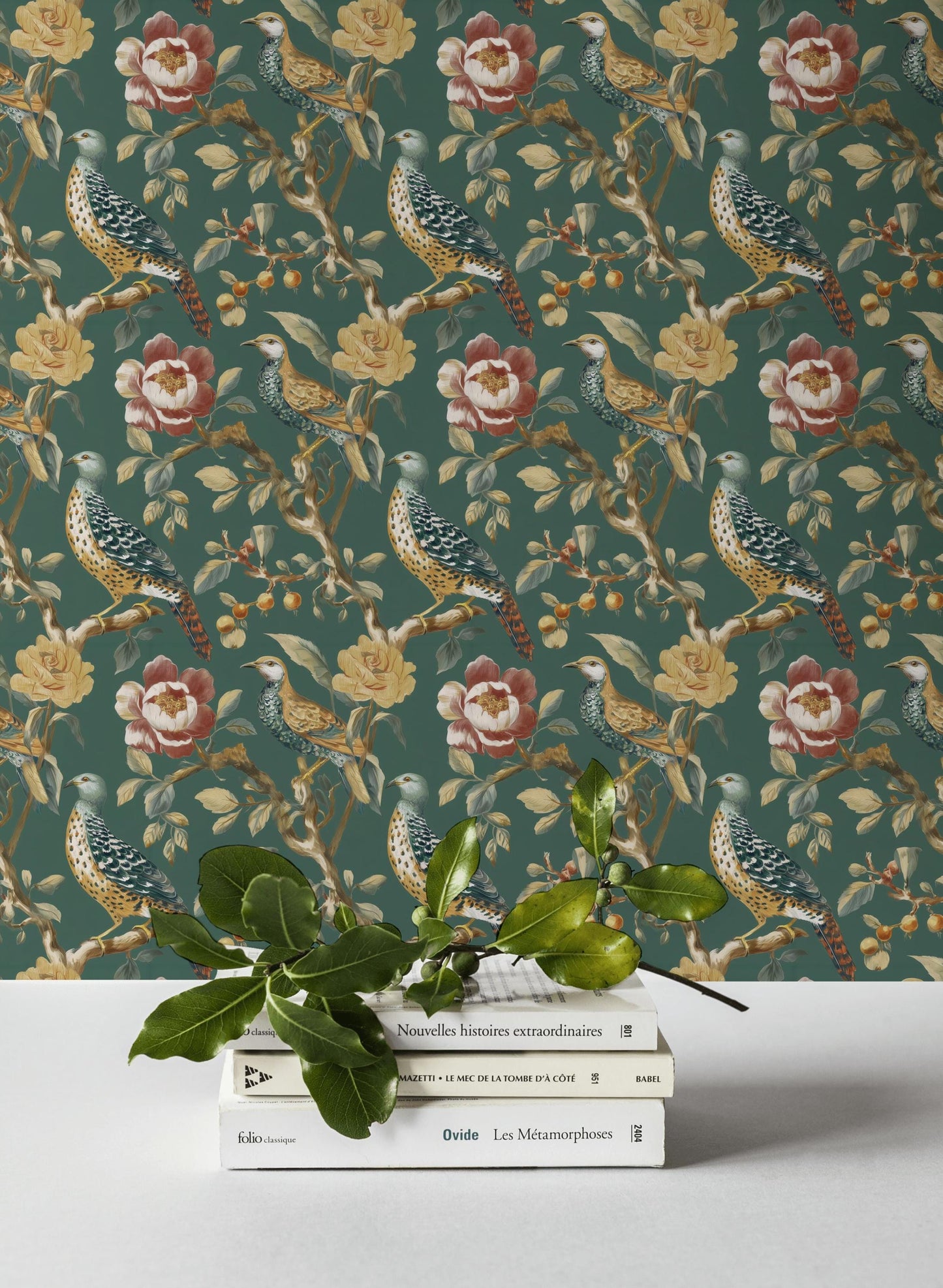 Chinoiserie Bird Wallpaper: Dark Green Floral Peel and Stick Mural