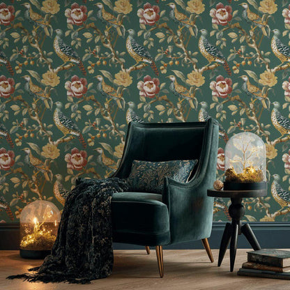 Chinoiserie Bird Wallpaper: Dark Green Floral Peel and Stick Mural
