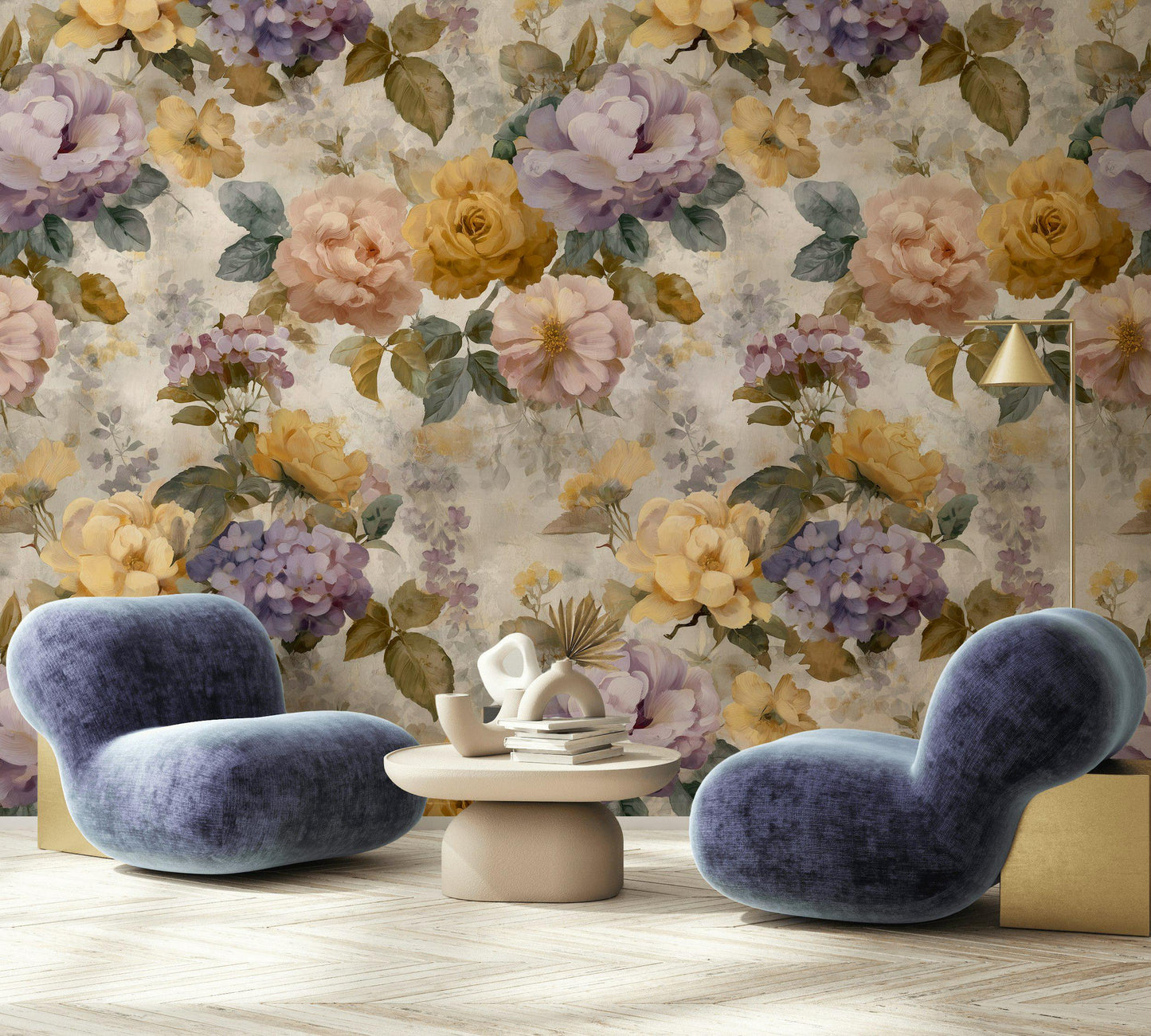 Vintage Floral Wallpaper: Pastel Rose & Peony Shabby Chic Peel and Stick Wall Mural