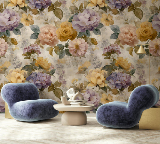 Vintage Floral Wallpaper: Pastel Rose & Peony Shabby Chic Peel and Stick Wall Mural