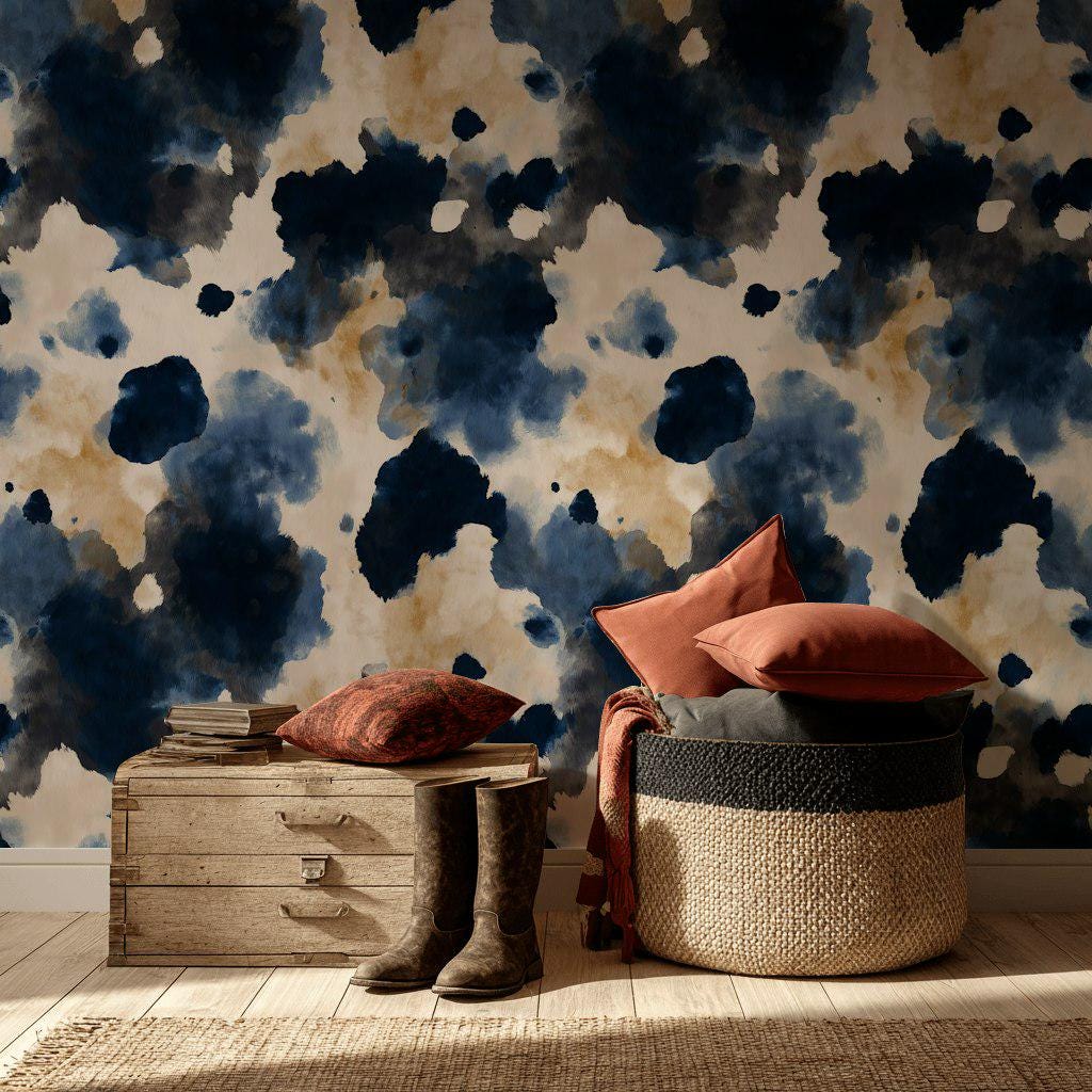 Abstract Cow Print Wallpaper Mural: Navy, Beige, Cream Peel and Stick